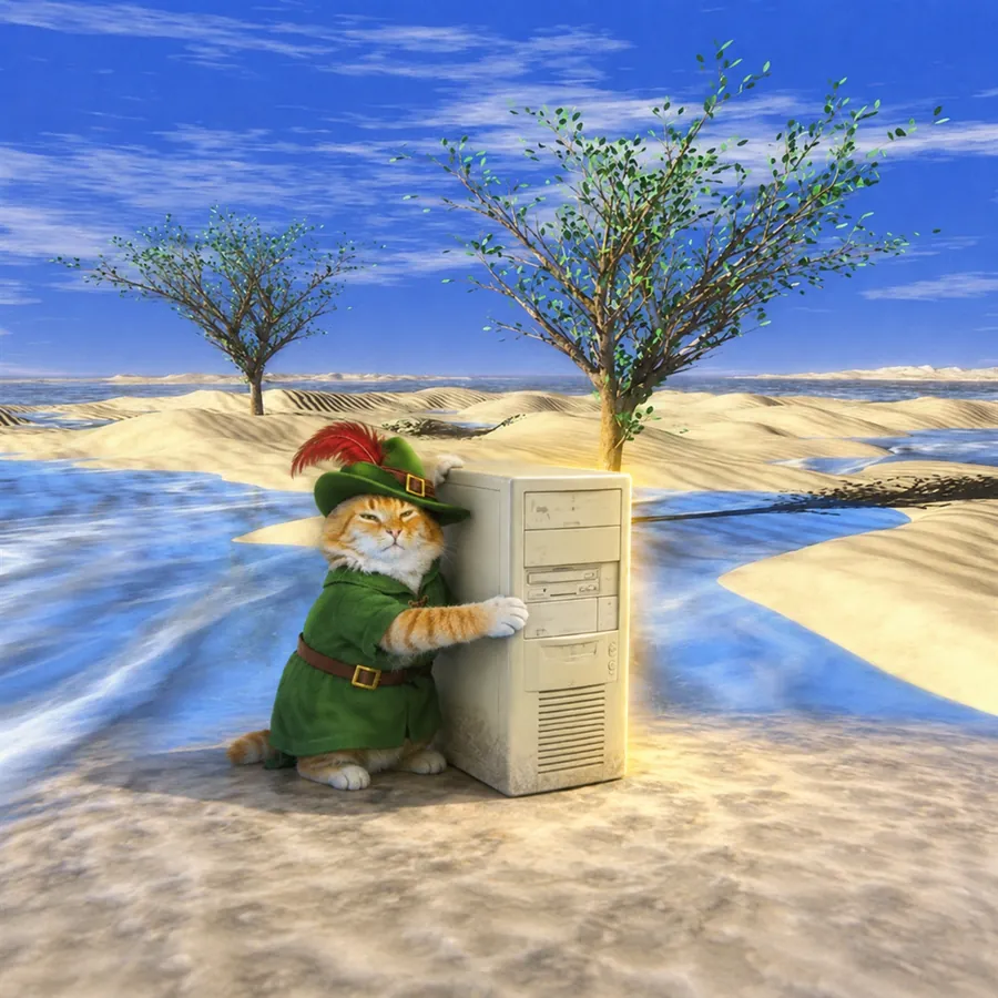 The cat hugging a humming tower PC in a dune field