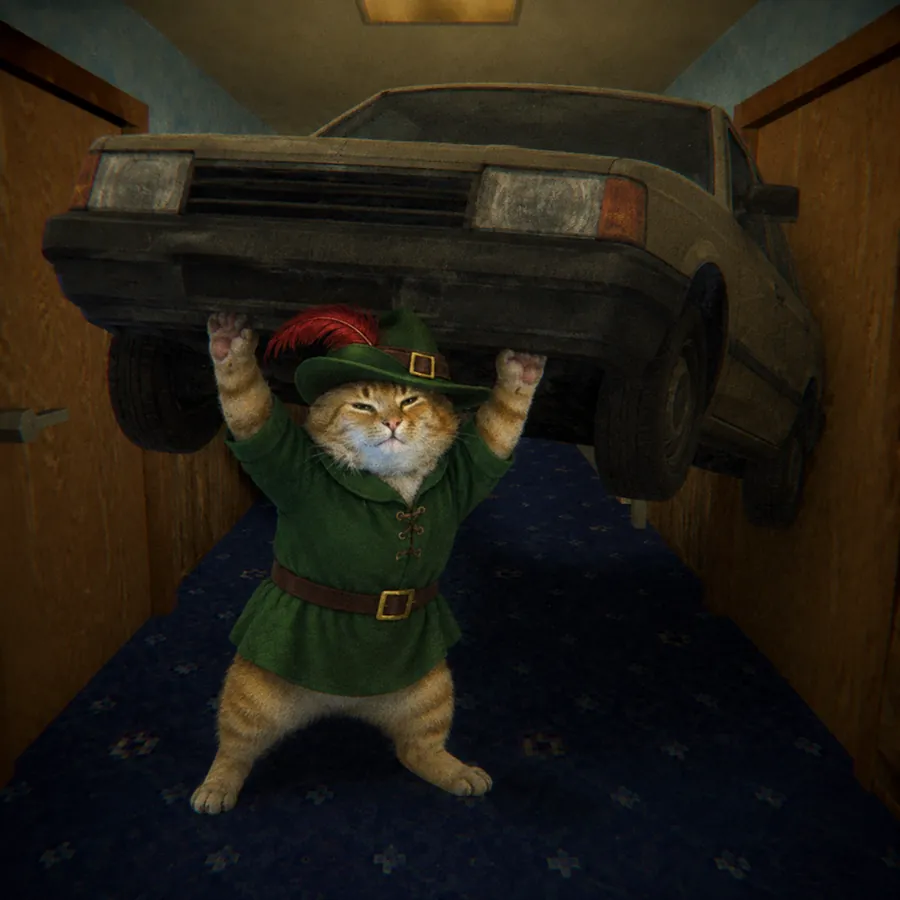 The cat lifting the front of a car by the bumper